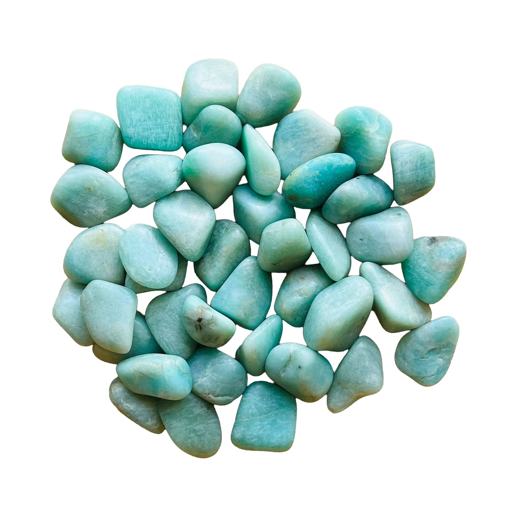 Amazonite Crystals traditionally associated with Anxiety Relief, Calm & Communication — blue polished, AA grade Brazil-sourced