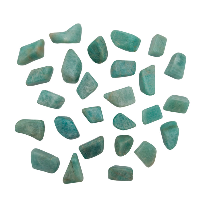 Blue-green Amazonite tumbled stones, AA grade from Mozambique, on a white background