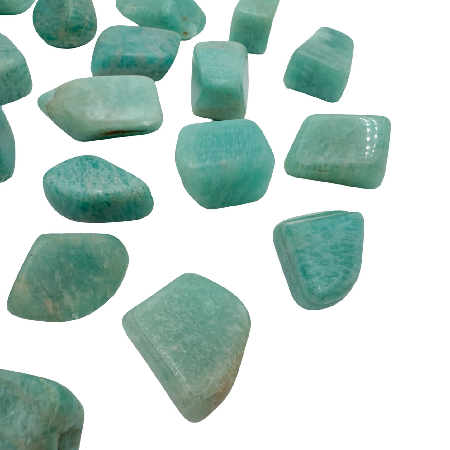 Several natural Amazonite tumbled stones from Mozambique, blue-green polished