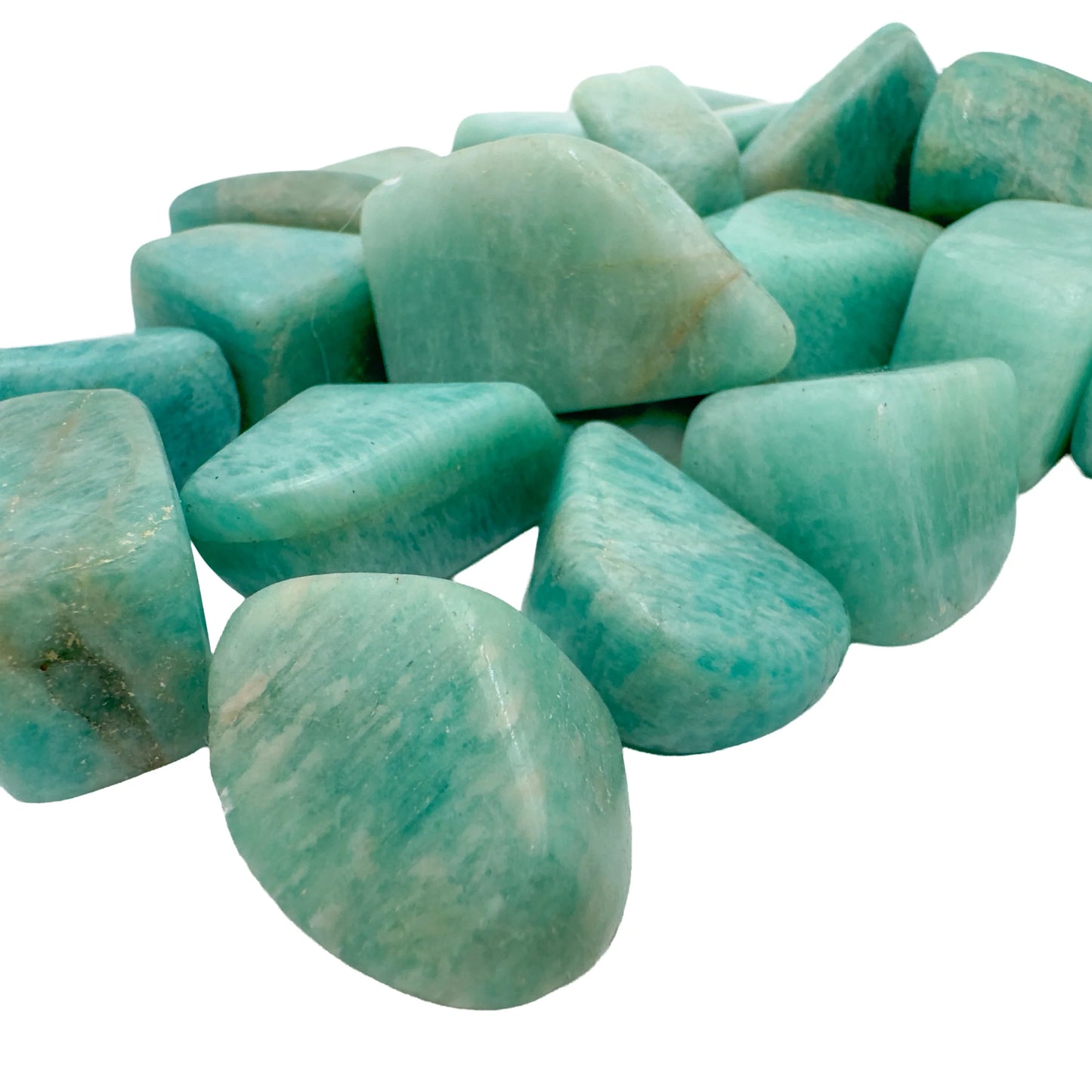 Pile of polished Amazonite tumbled stones, AA grade from Mozambique