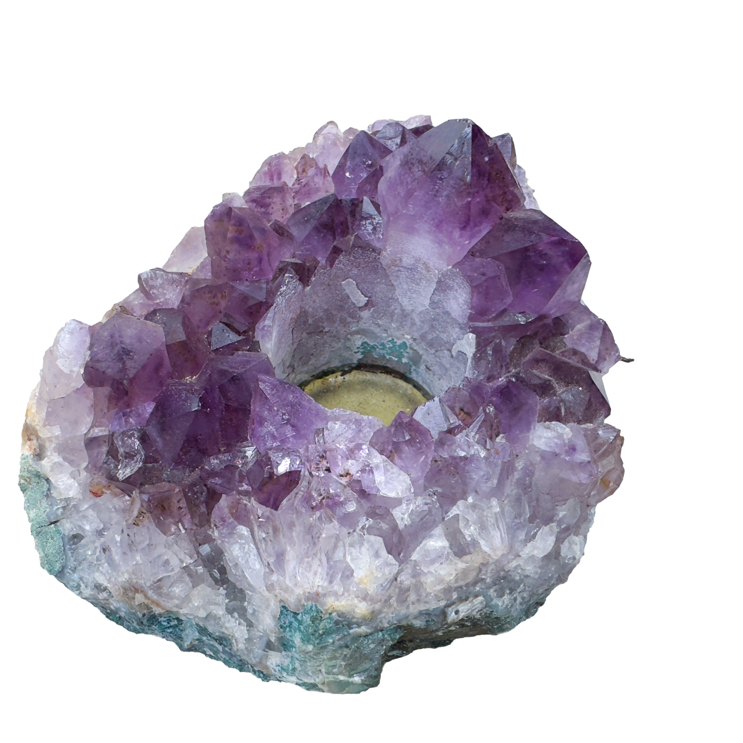 Amethyst candle holder viewed from above, drilled centre well surrounded by raw quartz points