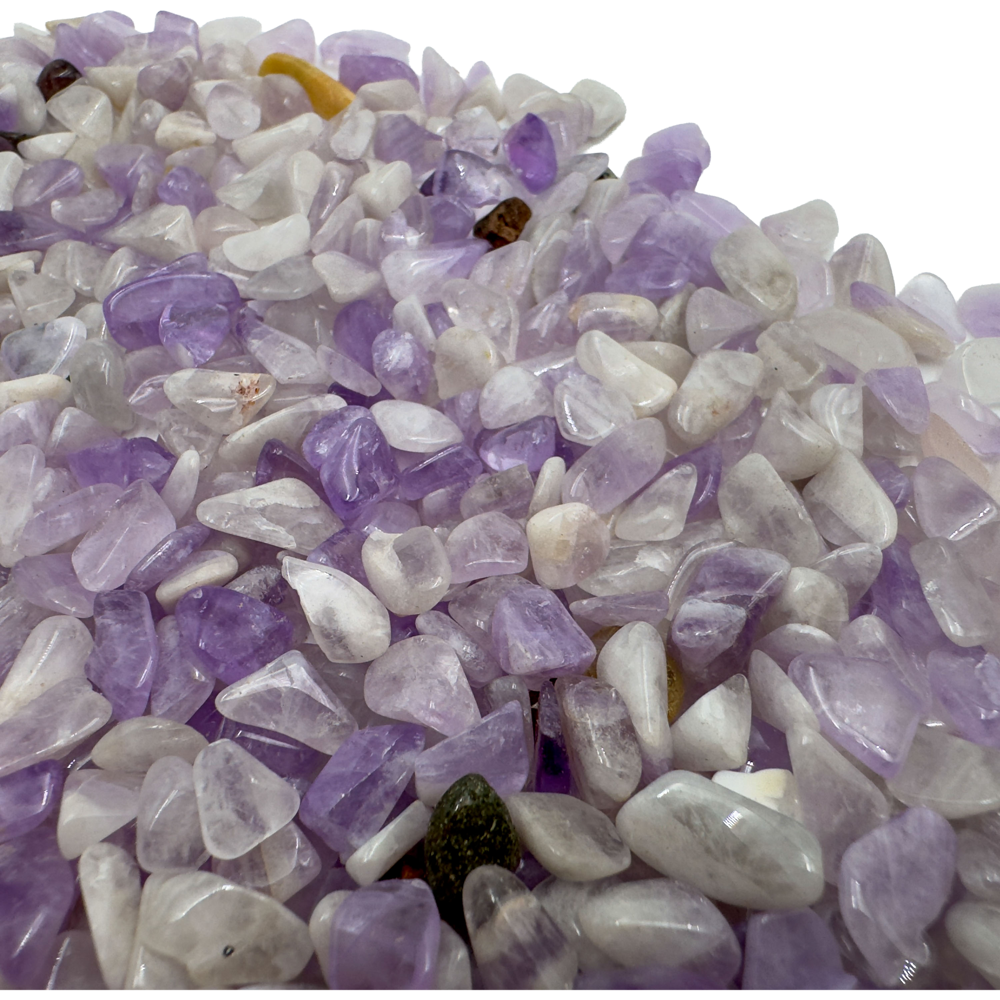 Amethyst crystal chips product shot, Grade A Madagascar material showing quantity and color depth