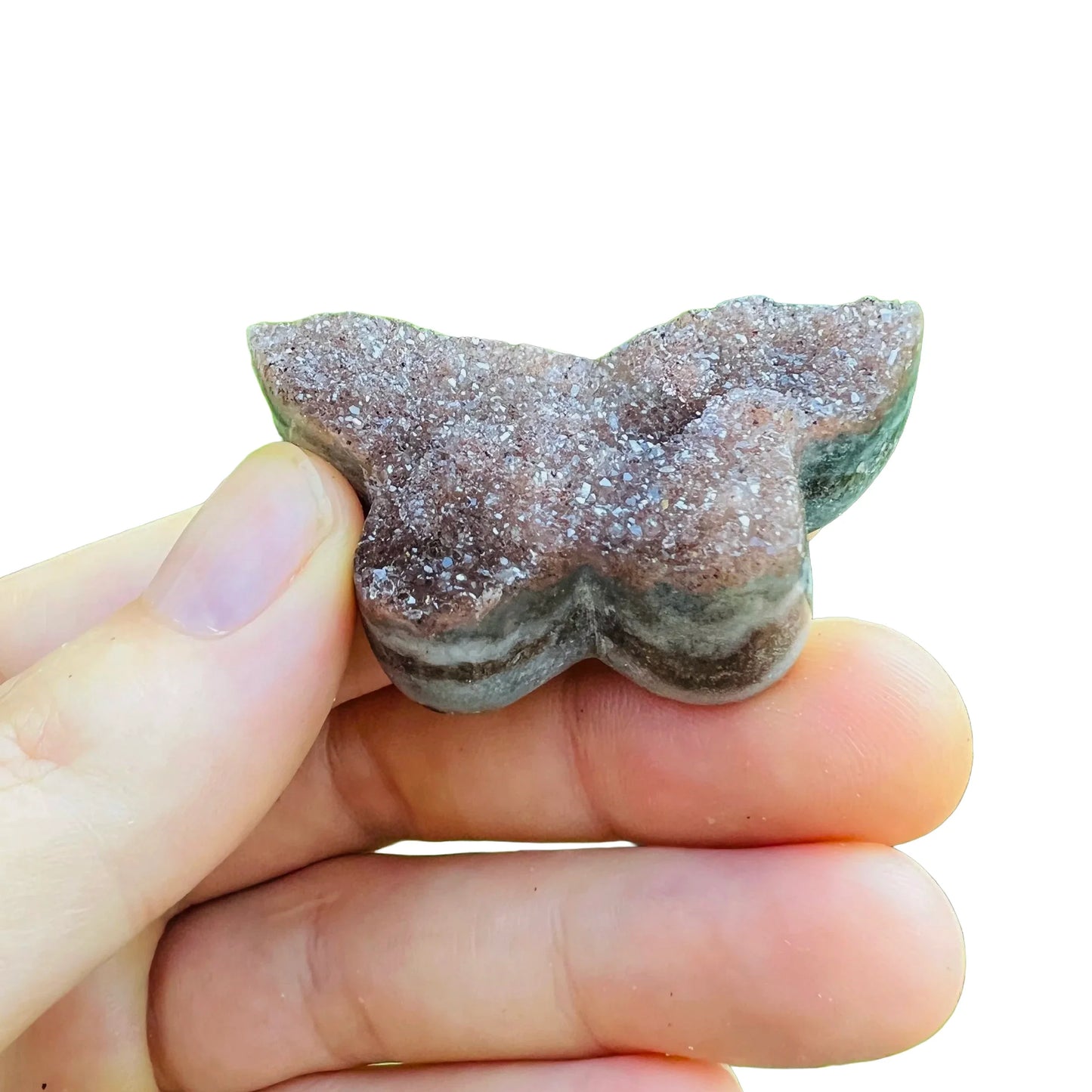 Profile shot of Amethyst polished butterfly, showing natural inclusions.