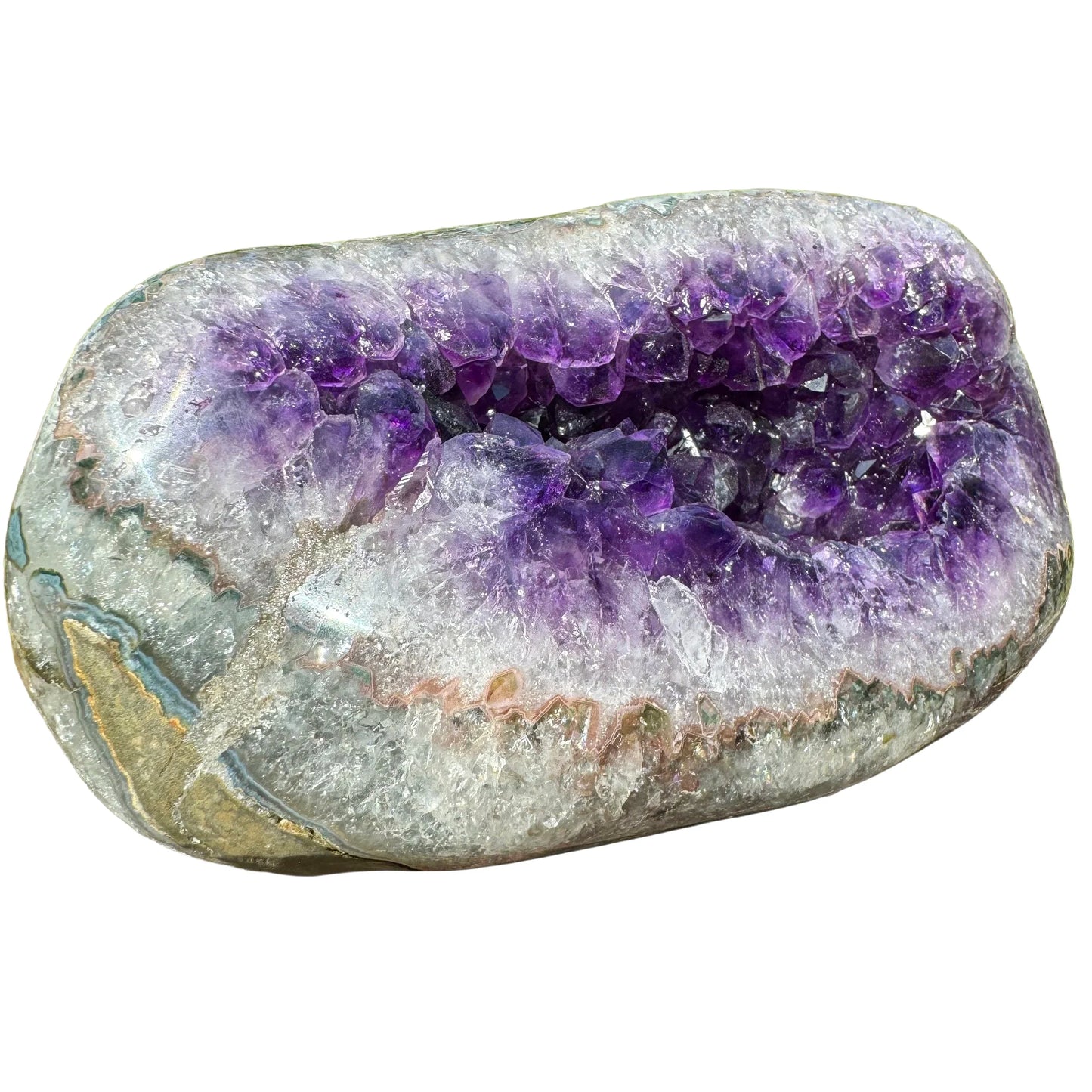 Side profile of Amethyst raw geode, showing characteristic color.