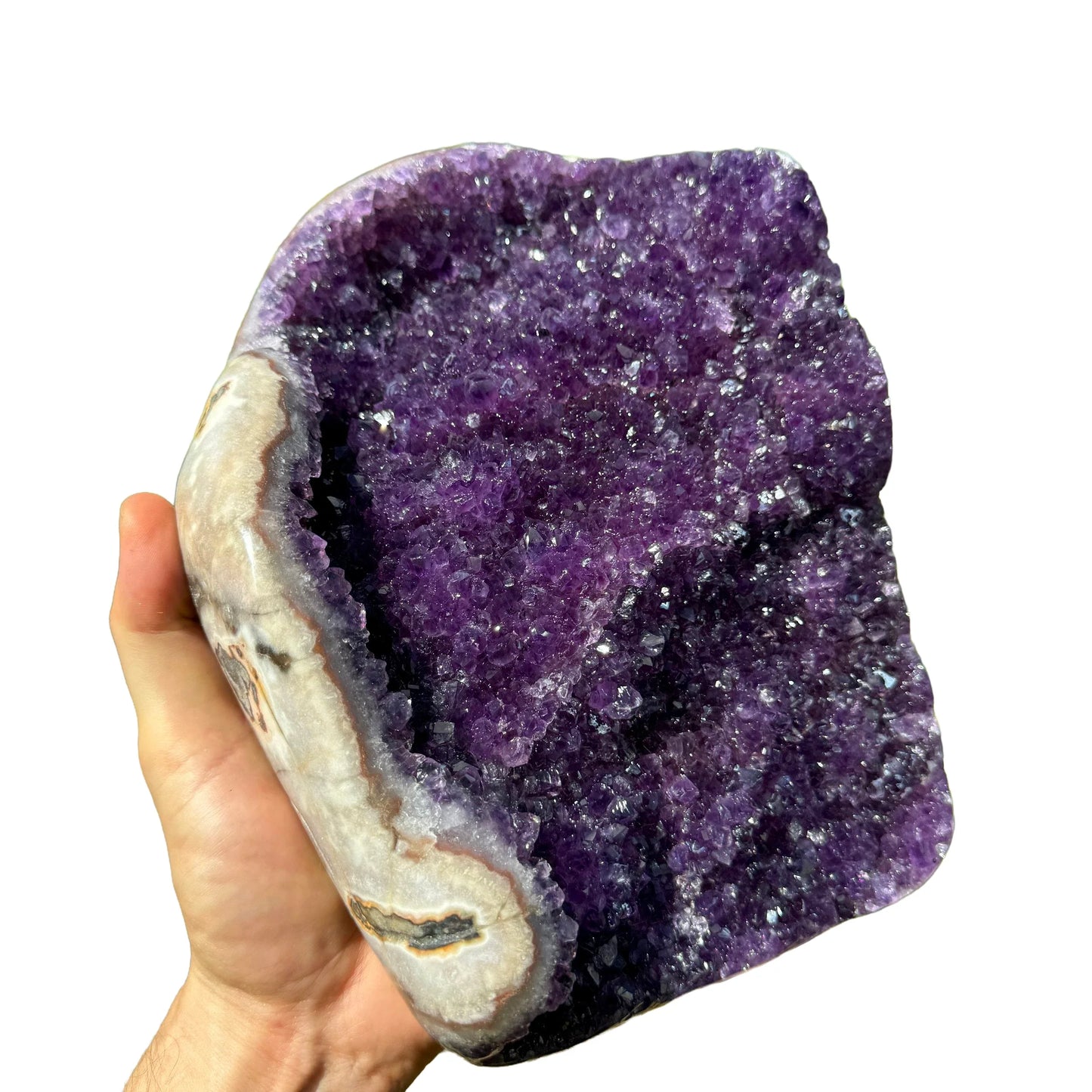 Hand-scale shot of one Amethyst raw geode for scale, from Artigas, Uruguay.