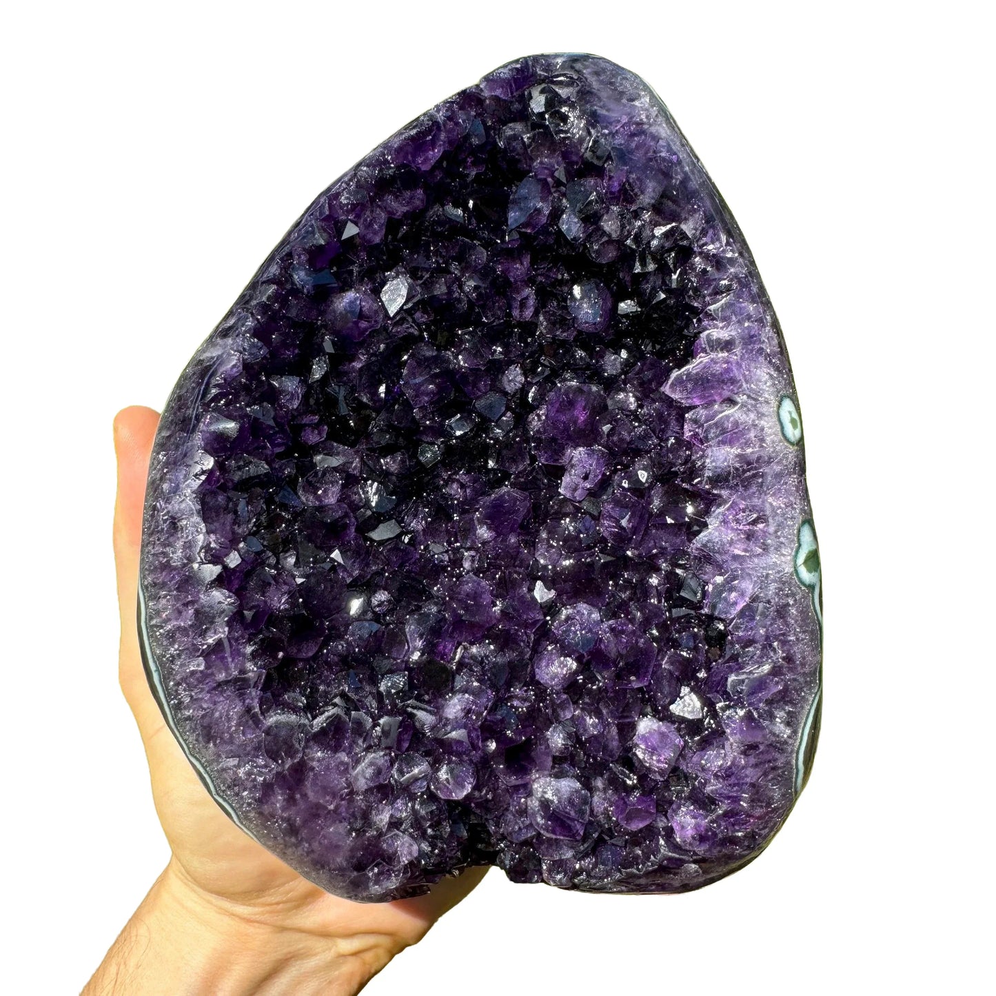 Lifestyle view of a Amethyst raw geode held against natural backdrop.
