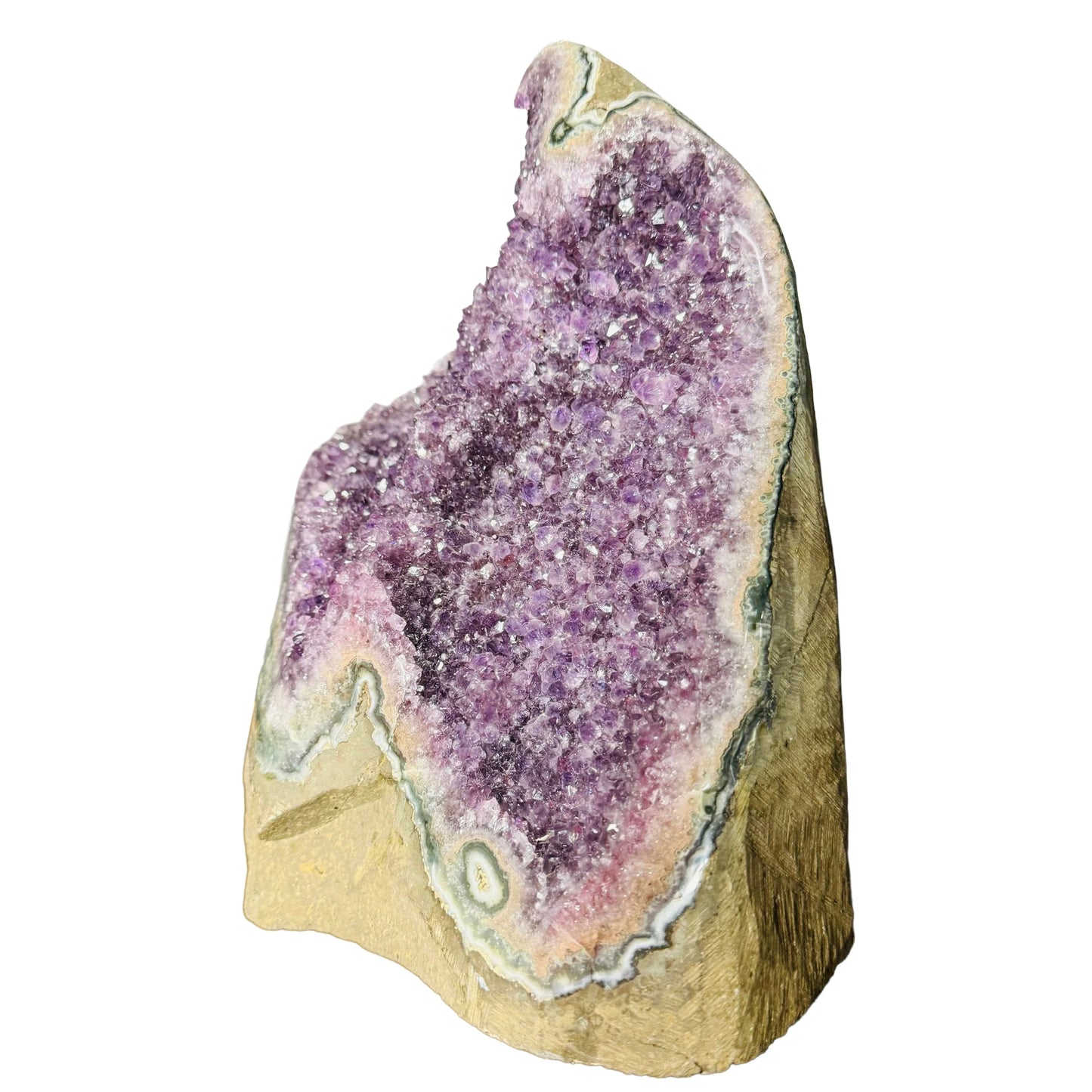 Side-on view of purple Amethyst raw geode, showing natural patina, Uruguay-sourced.