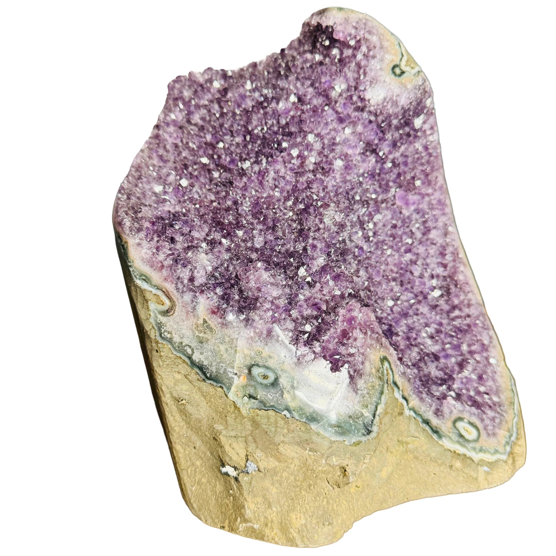 Top angle of Grade AA purple Amethyst raw geode, from Uruguay.
