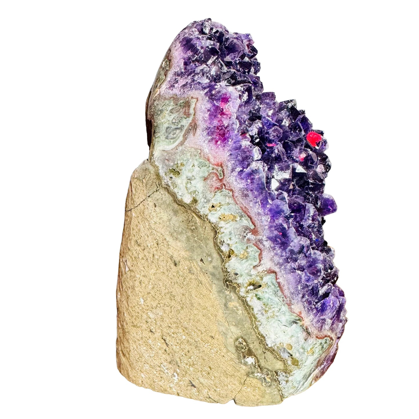 Underside view of Amethyst raw geode, traditionally used for Stress Relief and Sleep, showing natural form.