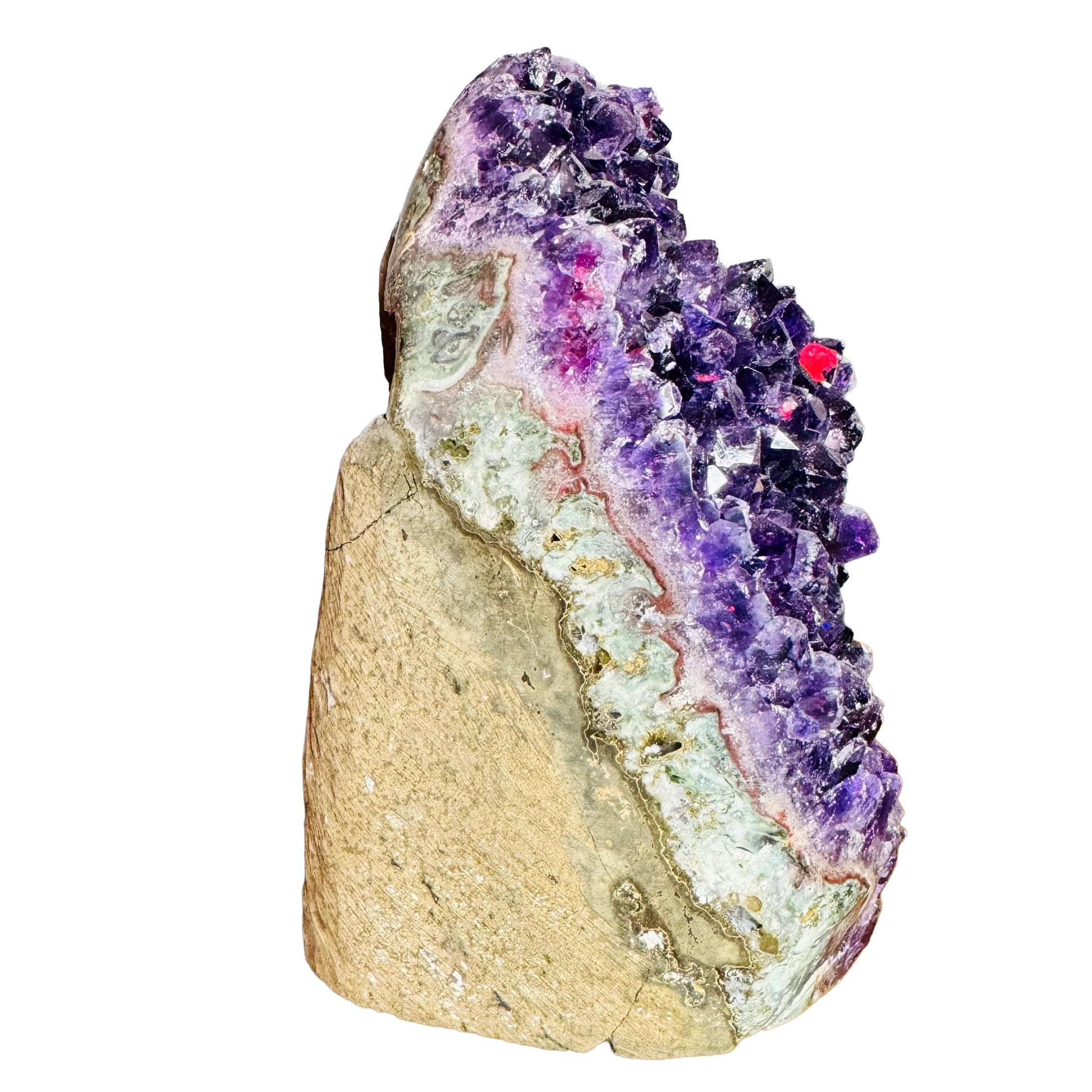 Underside view of Amethyst raw geode, traditionally used for Stress Relief and Sleep, showing natural form.