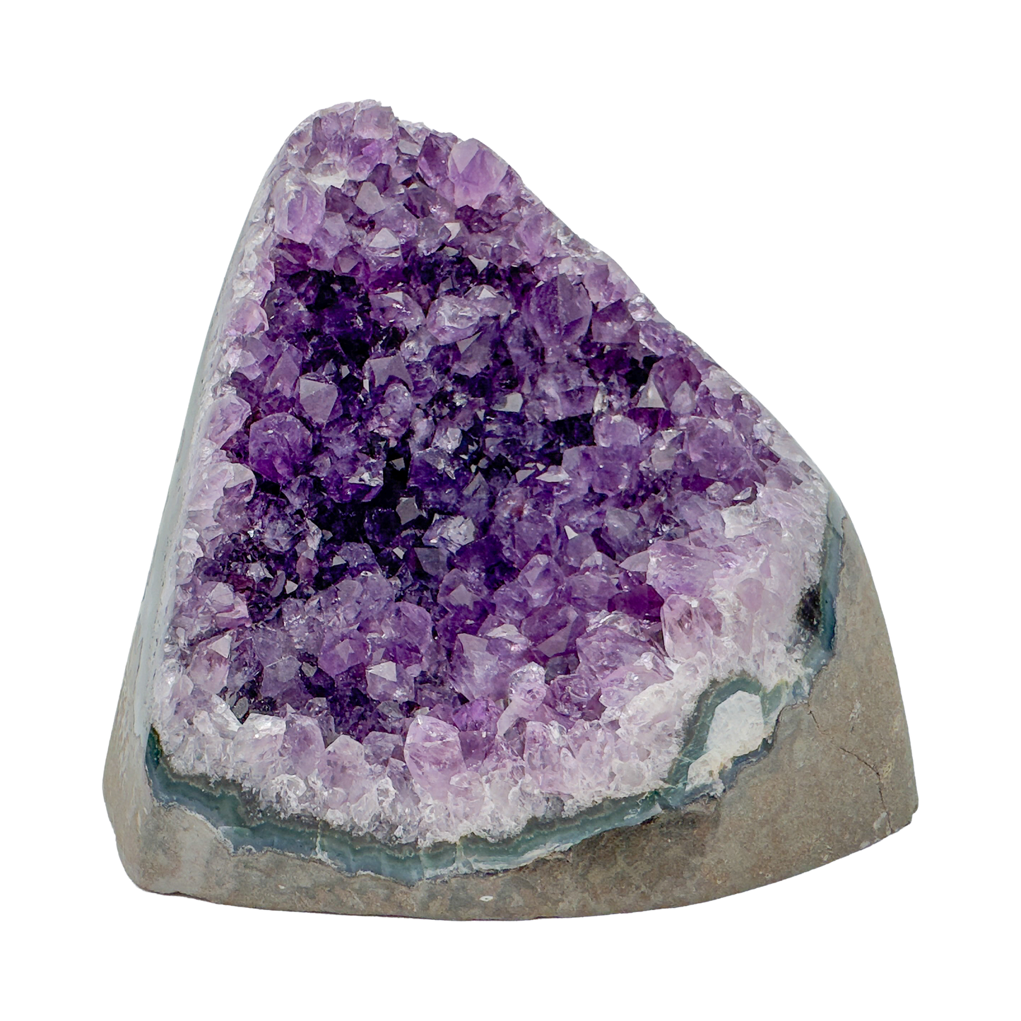 Profile view of Grade AA Amethyst polished freeform from Uruguay showing freeform shape and natural color zoning
