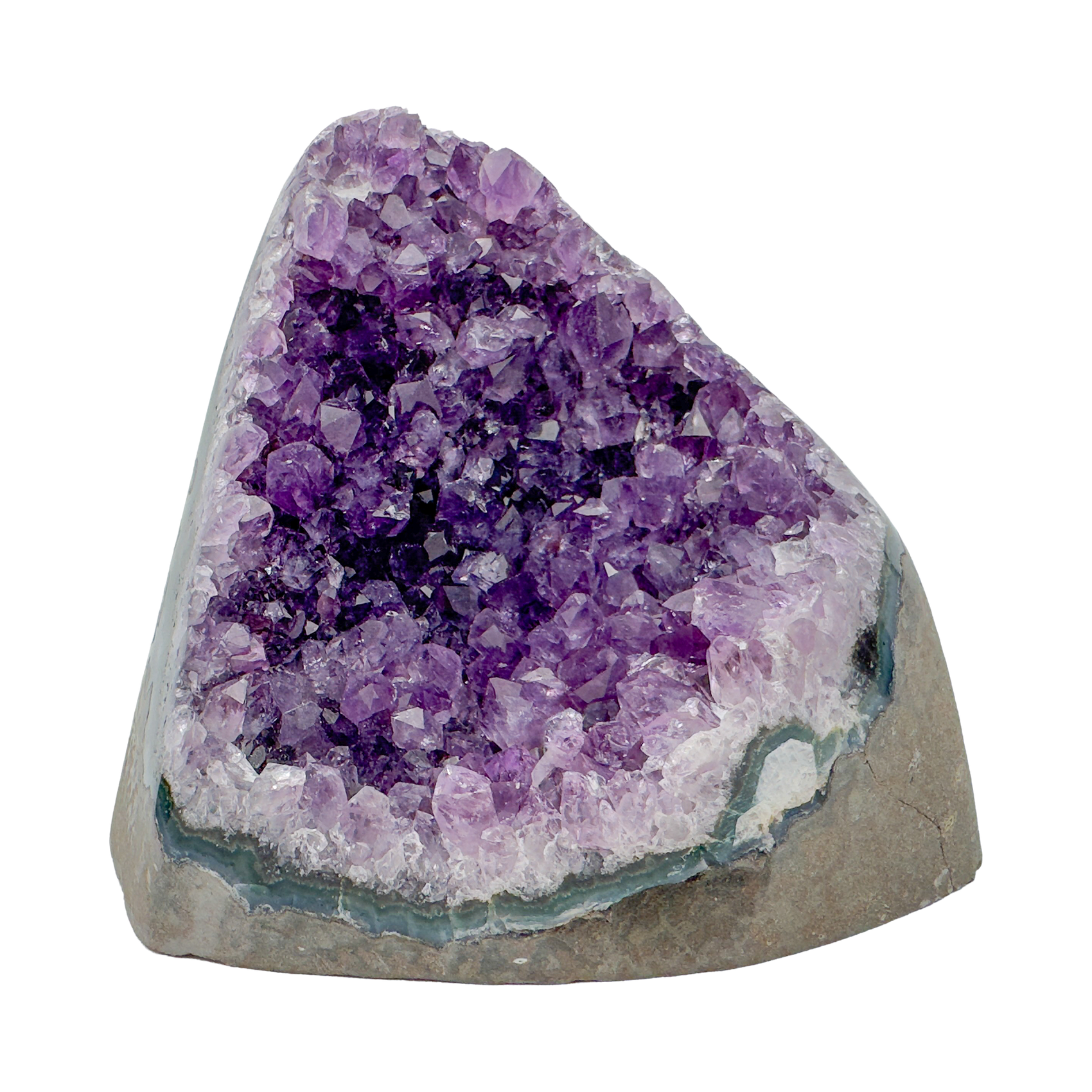 Profile view of Grade AA Amethyst polished freeform from Uruguay showing freeform shape and natural color zoning