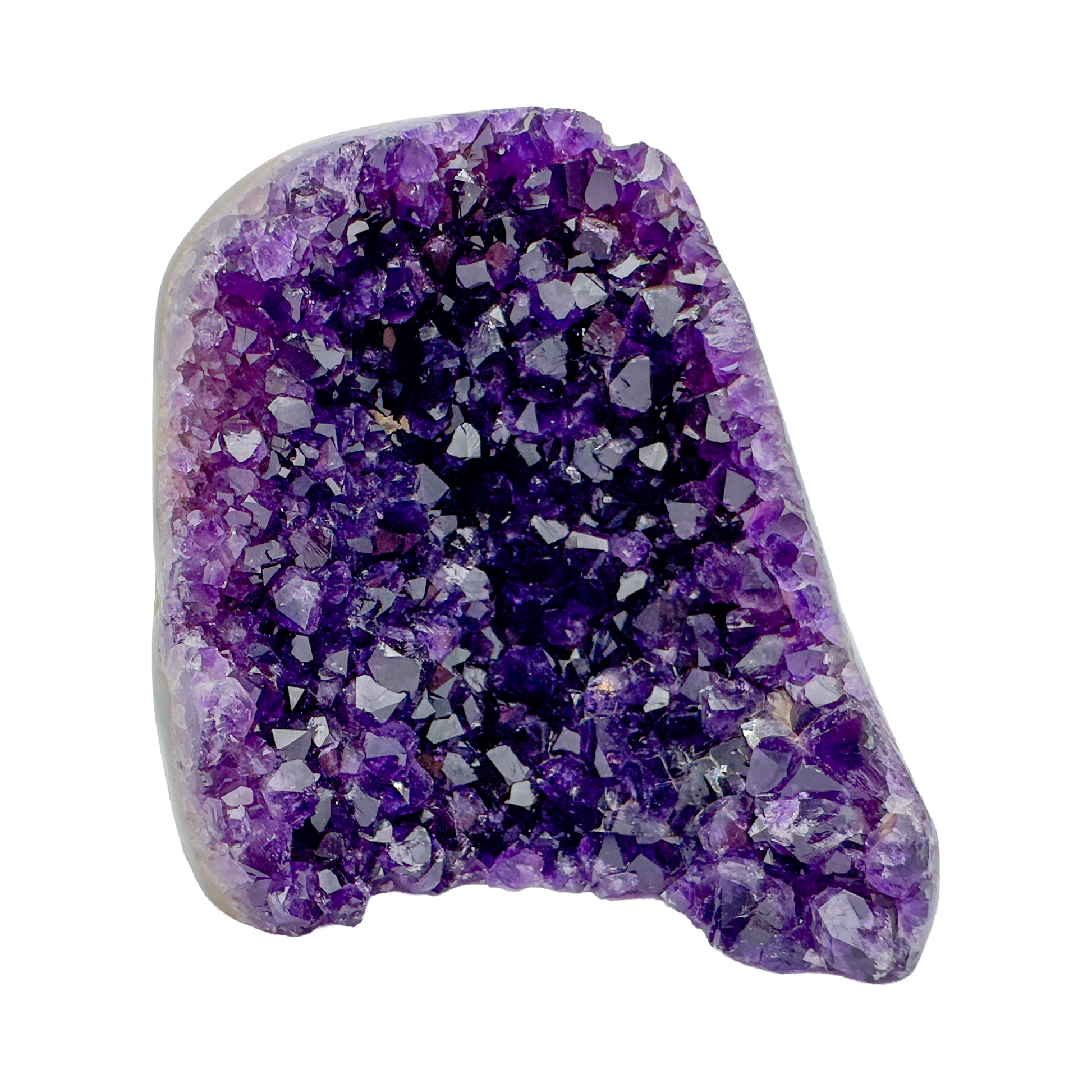 Close-up of Grade AAA Amethyst polished freeform showing top-tier purple saturation and crisp banding