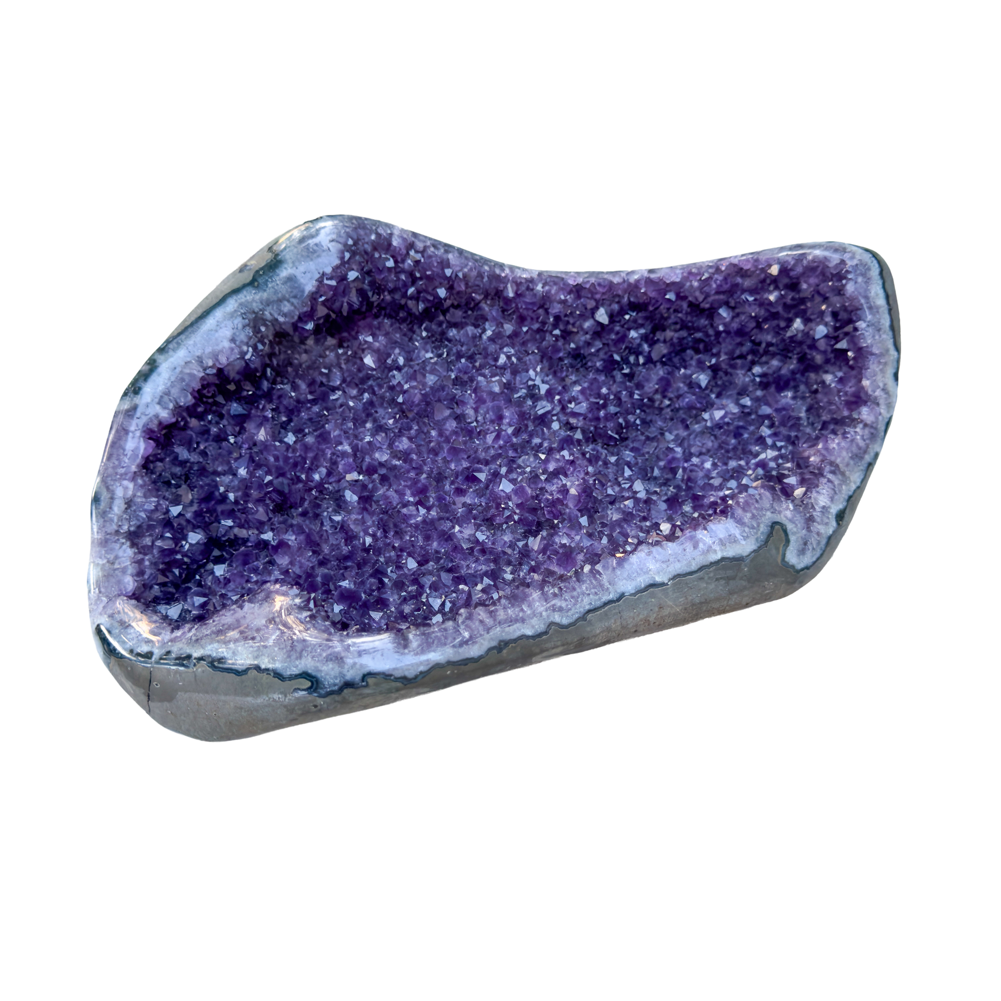 Large amethyst cathedral geode from Artigas Uruguay, deep violet druzy crystal in grey agate shell, AAA grade, view 4
