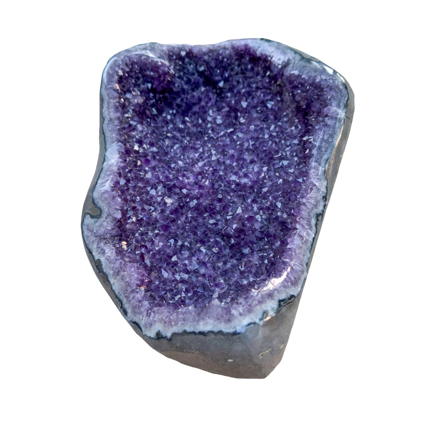 Large amethyst cathedral geode from Artigas Uruguay, deep violet druzy crystal in grey agate shell, AAA grade, view 1