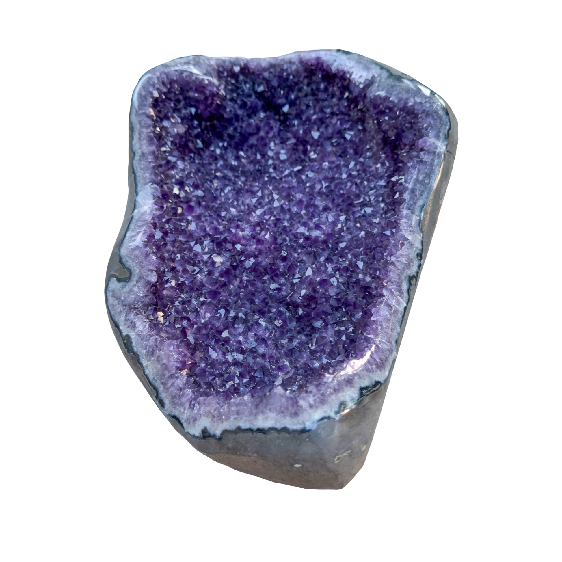 Large amethyst cathedral geode from Artigas Uruguay, deep violet druzy crystal in grey agate shell, AAA grade, view 1