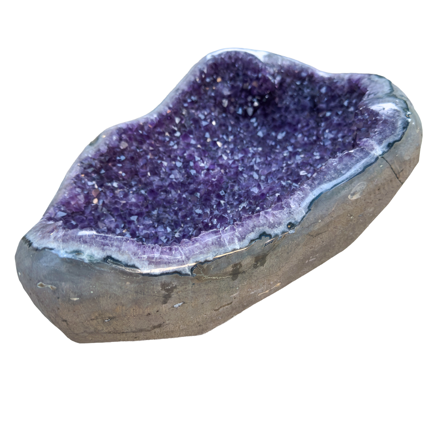Large amethyst cathedral geode from Artigas Uruguay, deep violet druzy crystal in grey agate shell, AAA grade, view 8