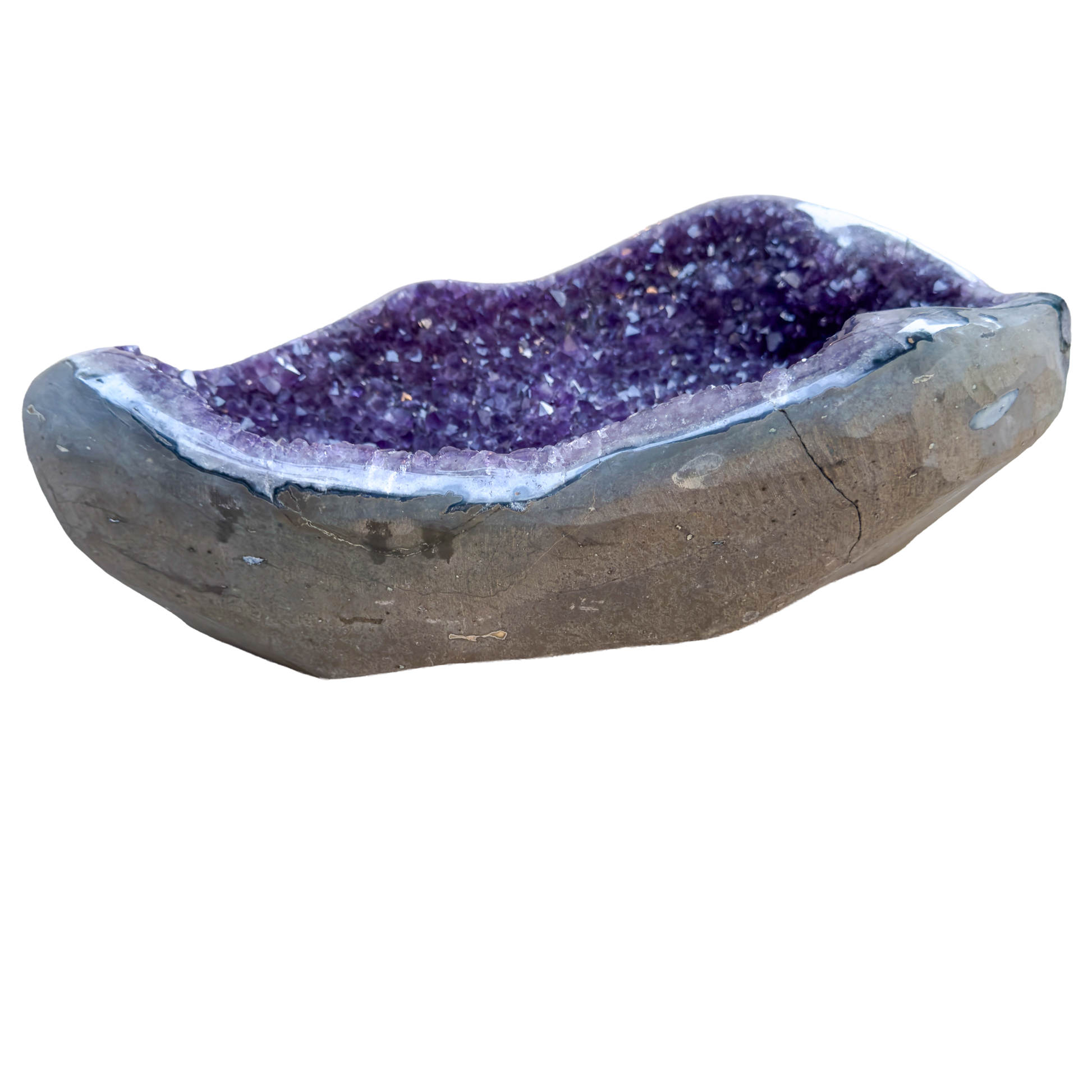 Large amethyst cathedral geode from Artigas Uruguay, deep violet druzy crystal in grey agate shell, AAA grade, view 11