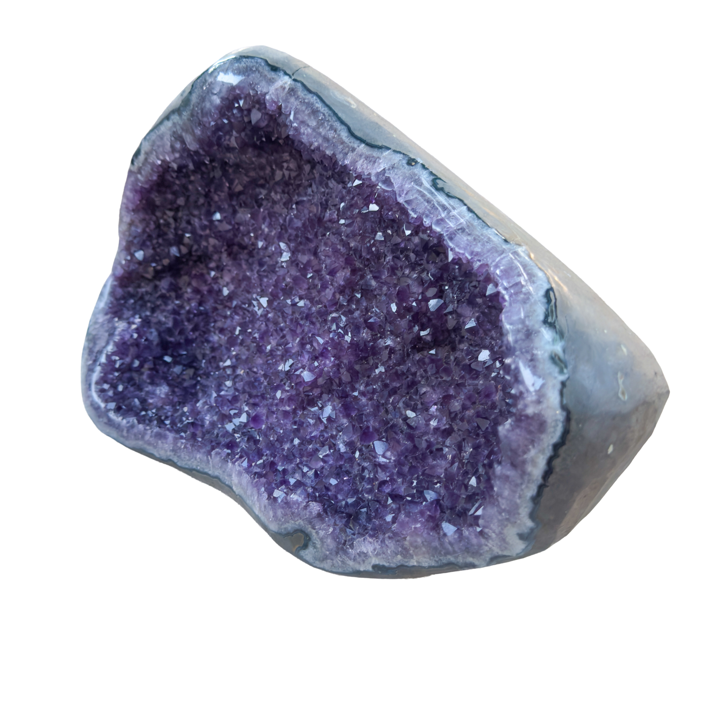 Large amethyst cathedral geode from Artigas Uruguay, deep violet druzy crystal in grey agate shell, AAA grade, view 6