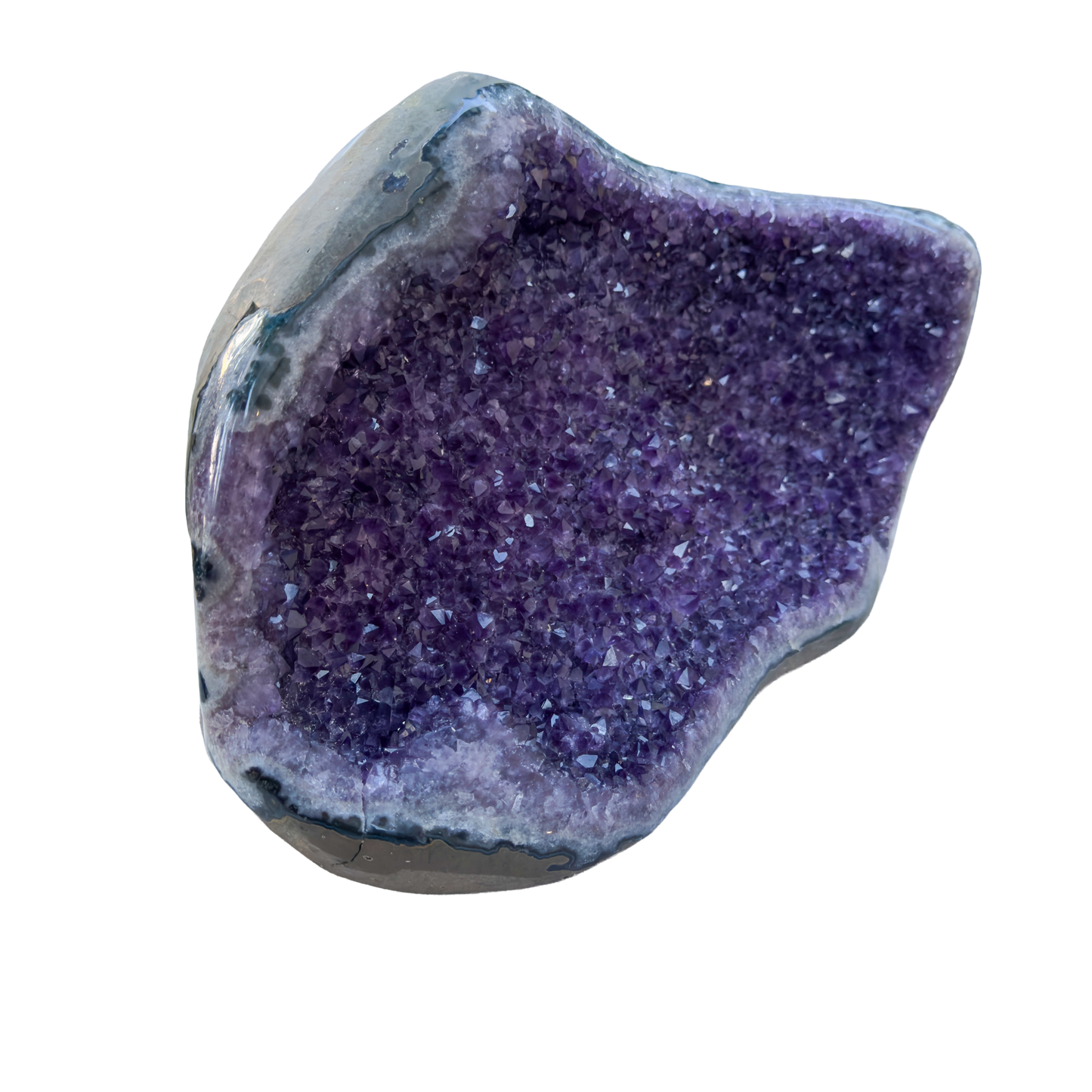 Large amethyst cathedral geode from Artigas Uruguay, deep violet druzy crystal in grey agate shell, AAA grade, view 2