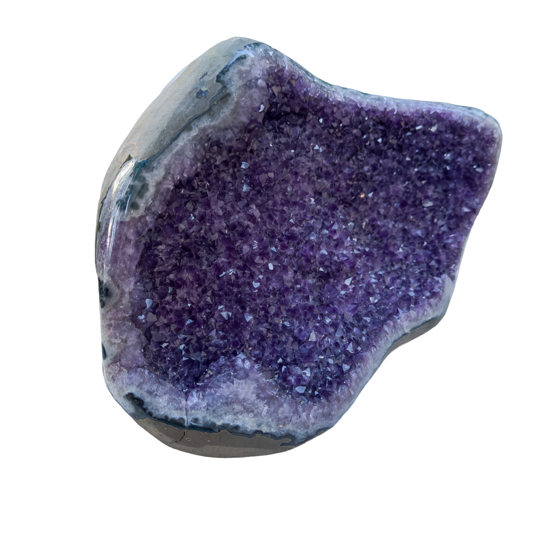 Large amethyst cathedral geode from Artigas Uruguay, deep violet druzy crystal in grey agate shell, AAA grade, view 2