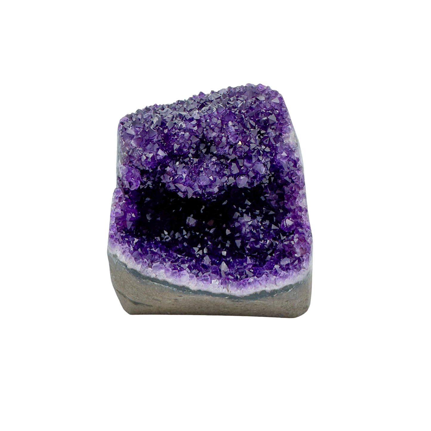 AAA polished amethyst geode from Artigas, Uruguay, deep violet druzy crystal face on a cut standing base