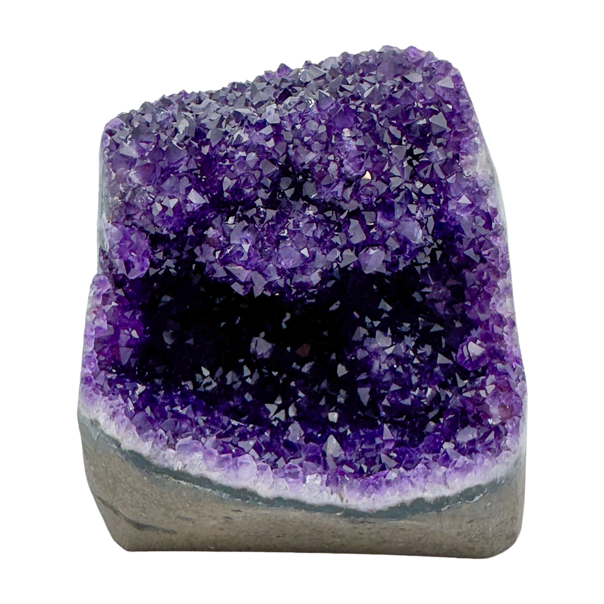 AAA polished amethyst geode from Artigas, Uruguay, deep violet druzy crystal face on a cut standing base
