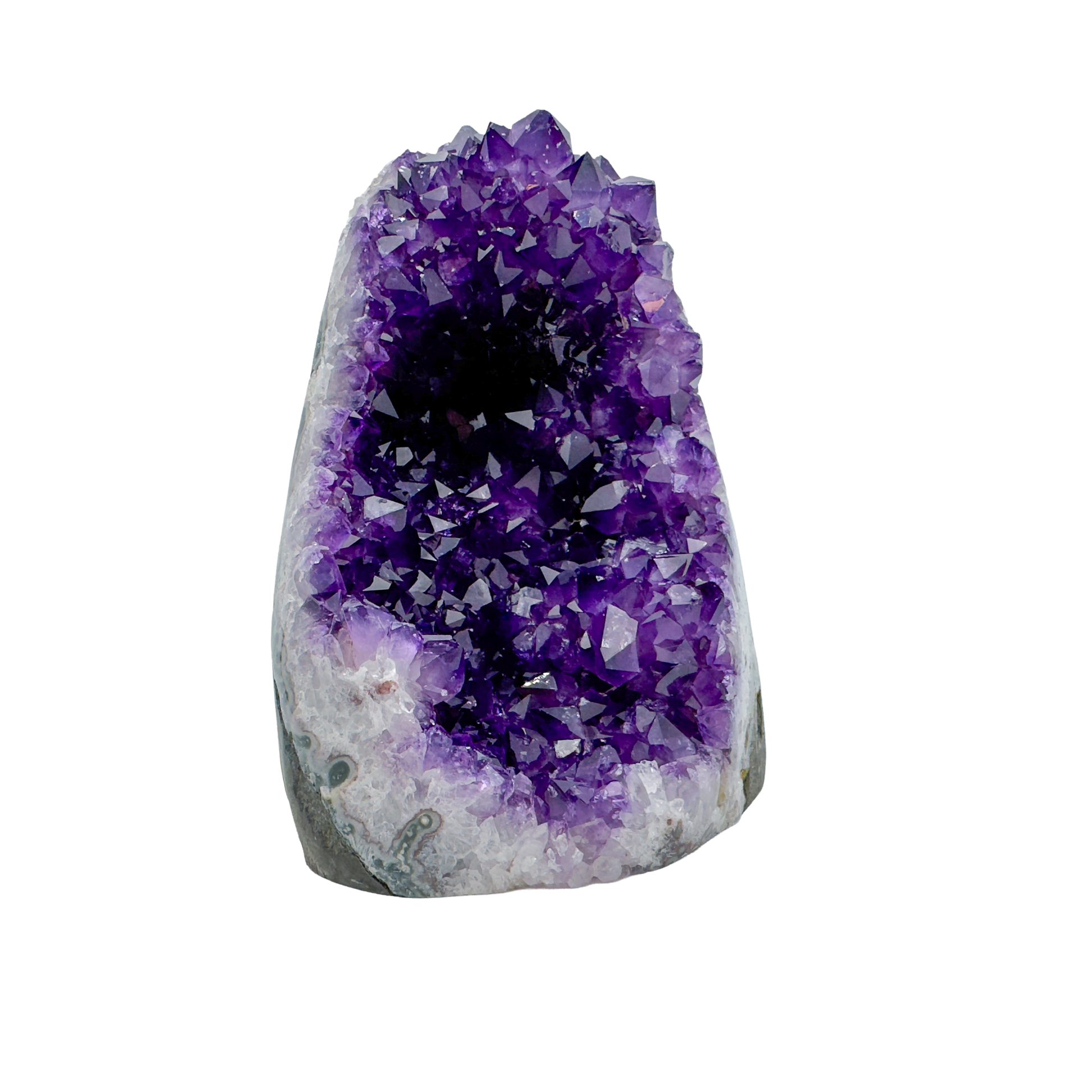 AAA polished amethyst geode from Artigas, Uruguay, deep violet druzy crystal face on a cut standing base
