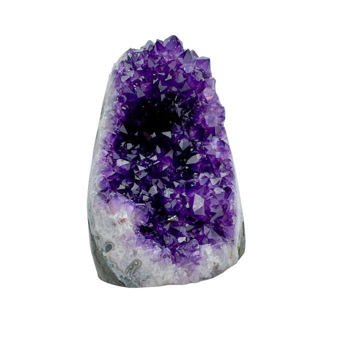 AAA polished amethyst geode from Artigas, Uruguay, deep violet druzy crystal face on a cut standing base