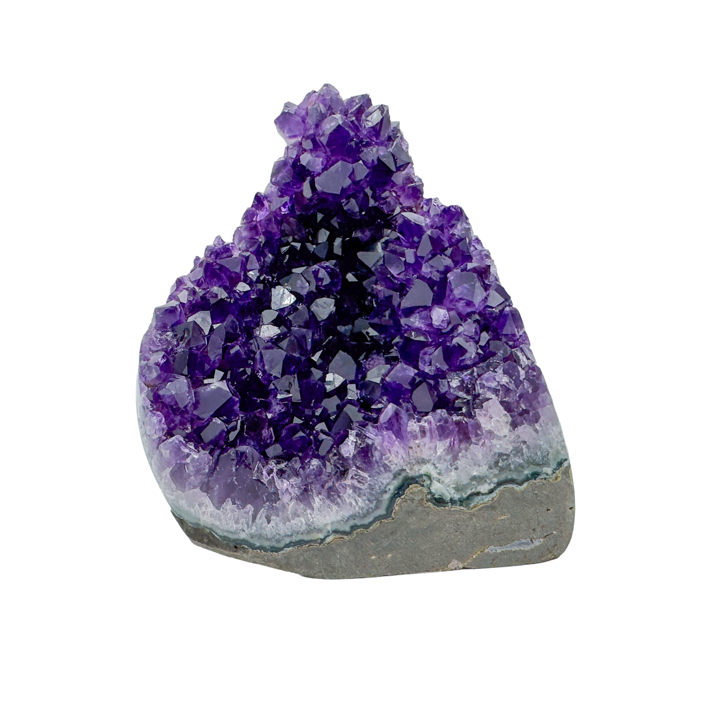 AAA polished amethyst geode from Artigas, Uruguay, deep violet druzy crystal face on a cut standing base