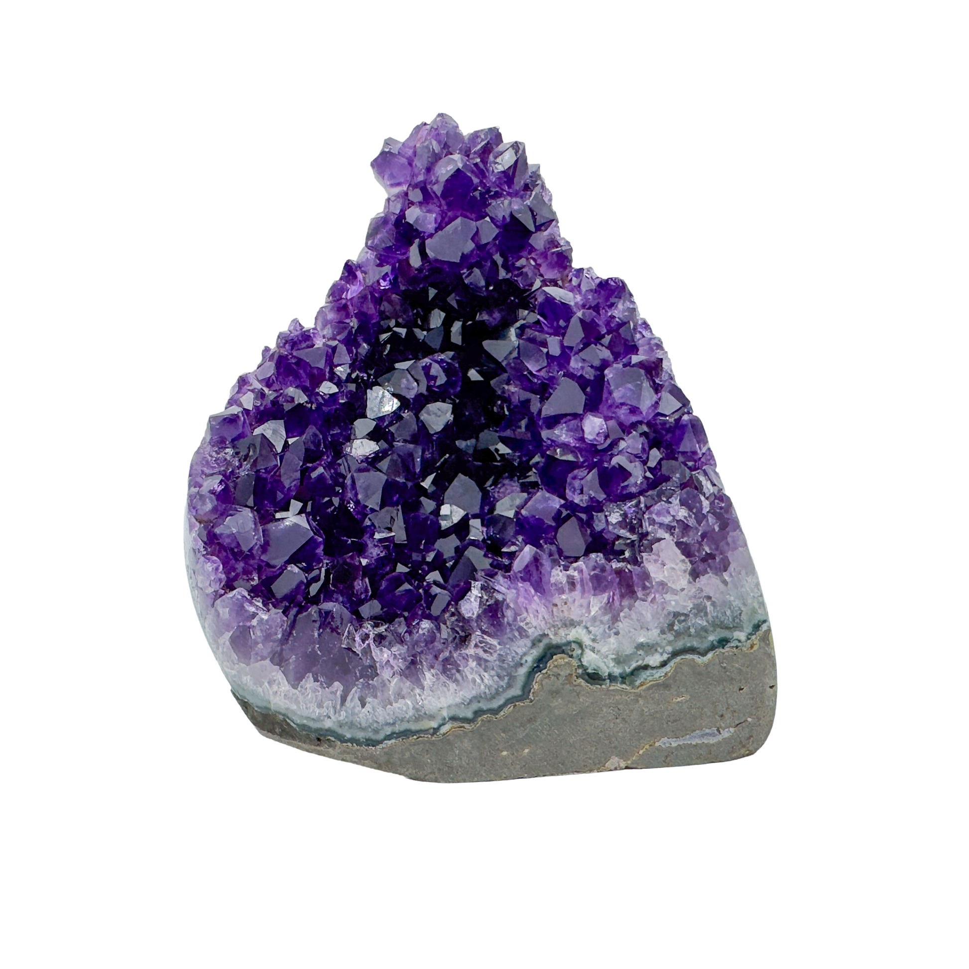 AAA polished amethyst geode from Artigas, Uruguay, deep violet druzy crystal face on a cut standing base