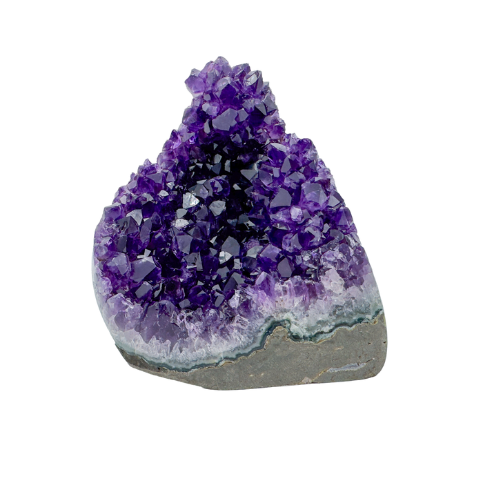 AAA polished amethyst geode from Artigas, Uruguay, deep violet druzy crystal face on a cut standing base