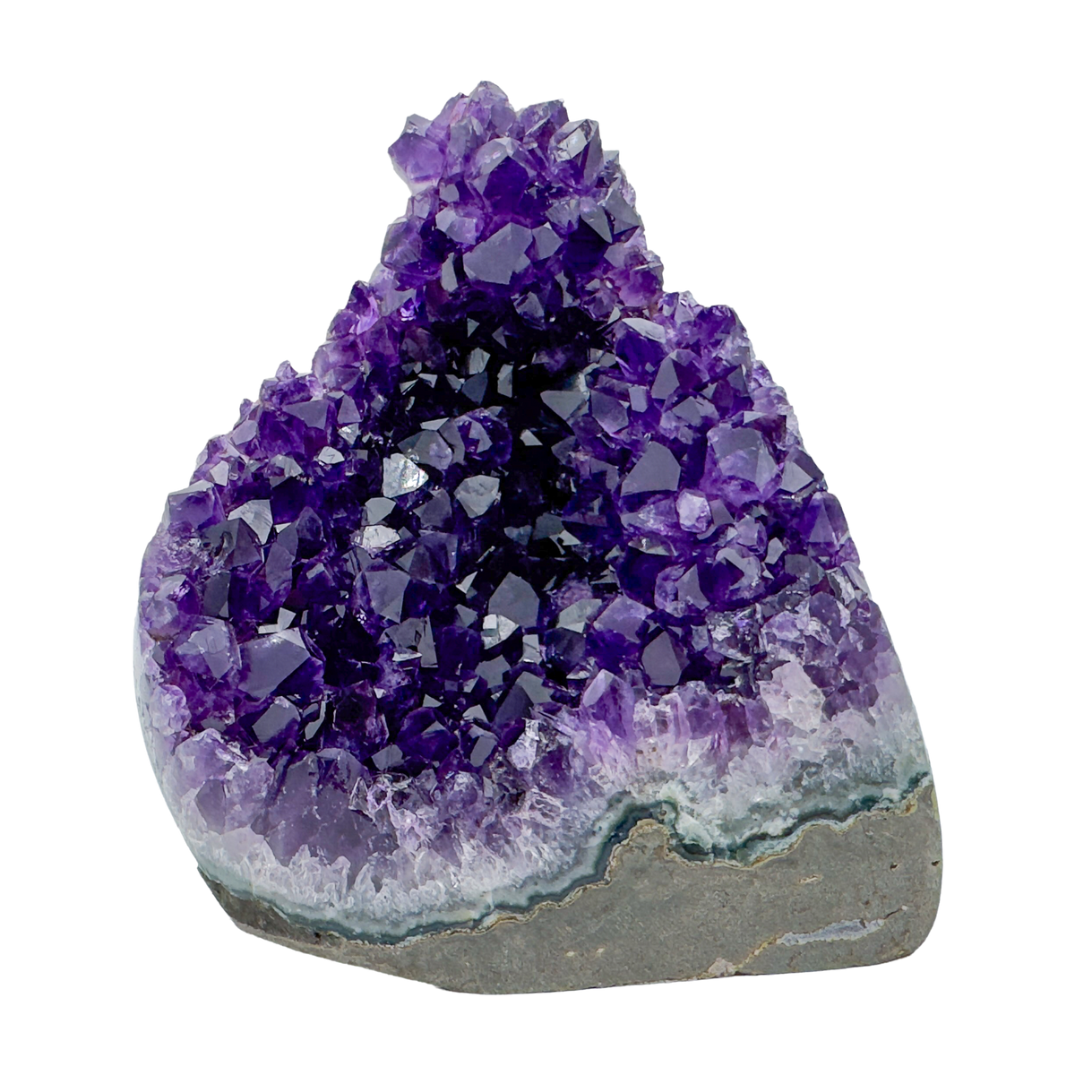 AAA polished amethyst geode from Artigas, Uruguay, deep violet druzy crystal face on a cut standing base