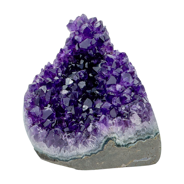 AAA polished amethyst geode from Artigas, Uruguay, deep violet druzy crystal face on a cut standing base