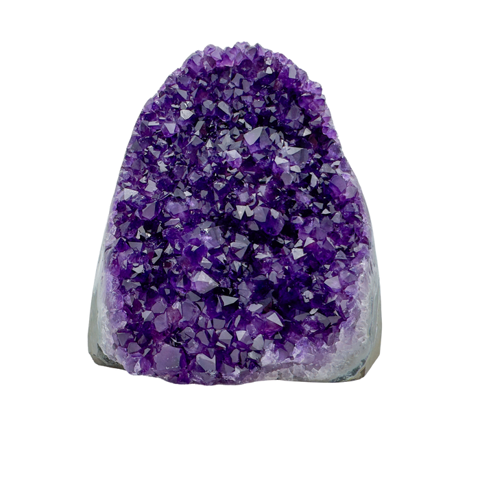 AAA polished amethyst geode from Artigas, Uruguay, deep violet druzy crystal face on a cut standing base