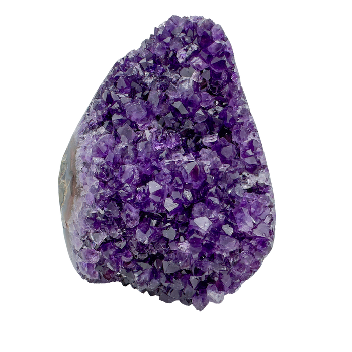 AAA polished amethyst geode from Artigas, Uruguay, deep violet druzy crystal face on a cut standing base