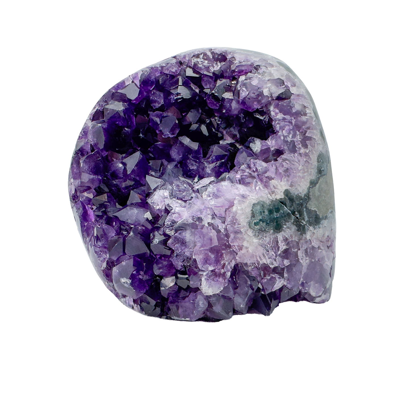 AAA polished amethyst geode from Artigas, Uruguay, deep violet druzy crystal face on a cut standing base