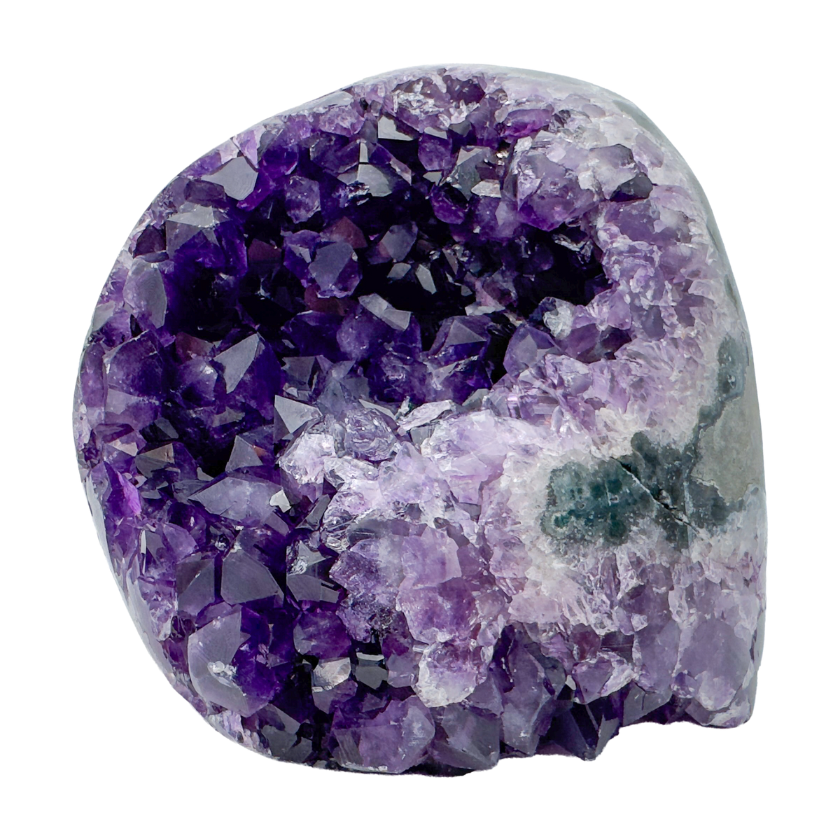 AAA polished amethyst geode from Artigas, Uruguay, deep violet druzy crystal face on a cut standing base