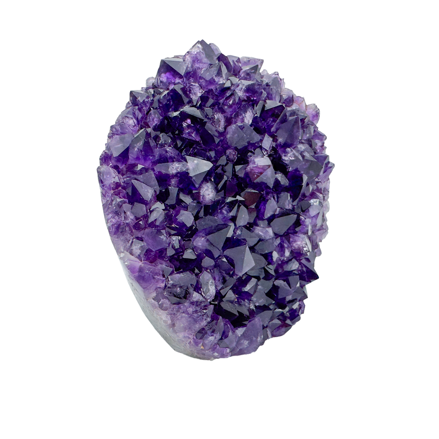 AAA polished amethyst geode from Artigas, Uruguay, deep violet druzy crystal face on a cut standing base
