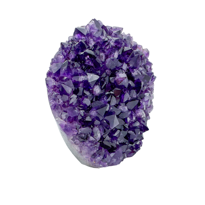 AAA polished amethyst geode from Artigas, Uruguay, deep violet druzy crystal face on a cut standing base