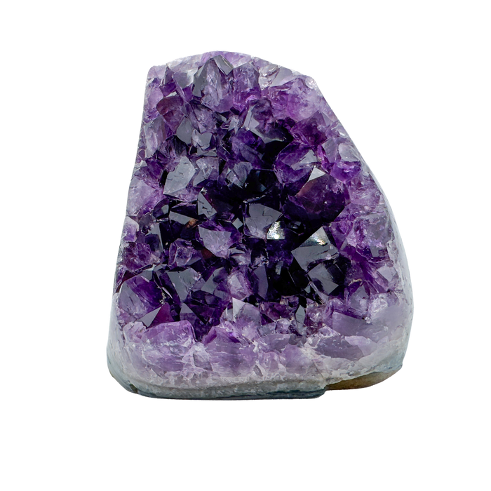 AAA polished amethyst geode from Artigas, Uruguay, deep violet druzy crystal face on a cut standing base