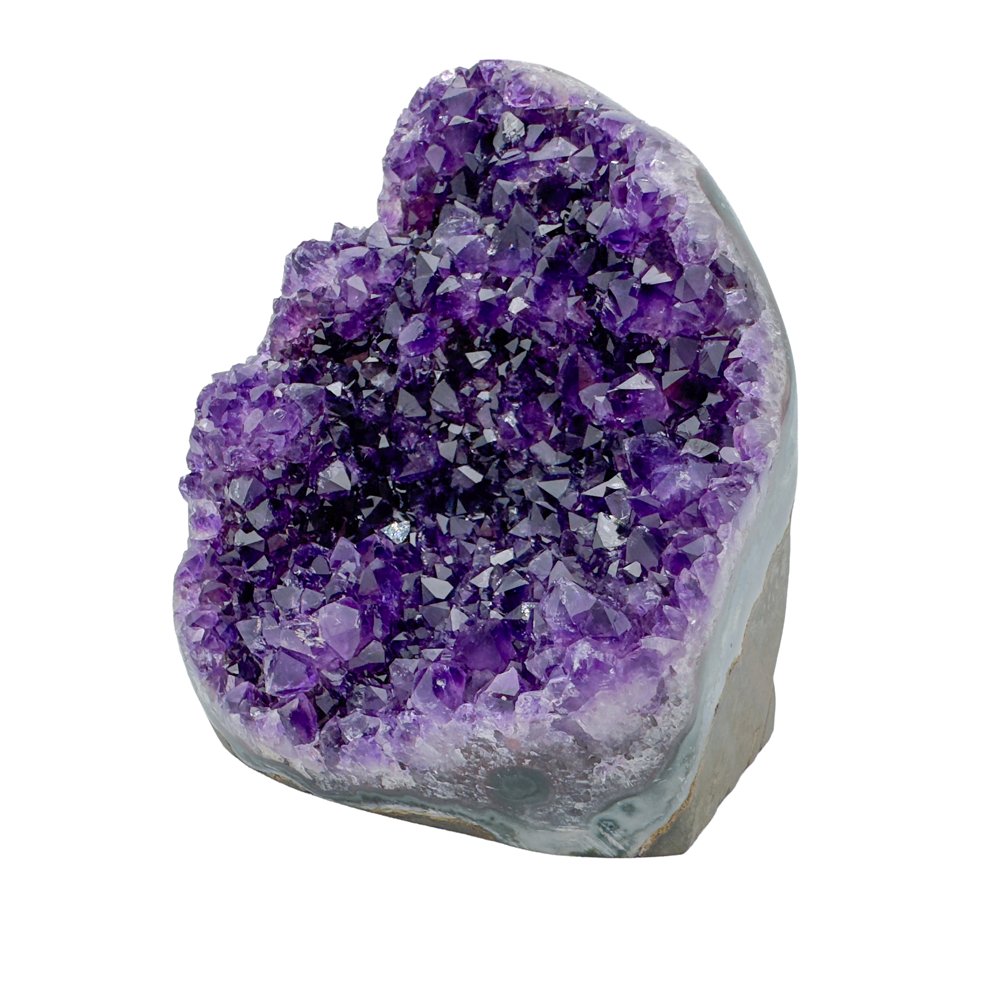 AAA polished amethyst geode from Artigas, Uruguay, deep violet druzy crystal face on a cut standing base