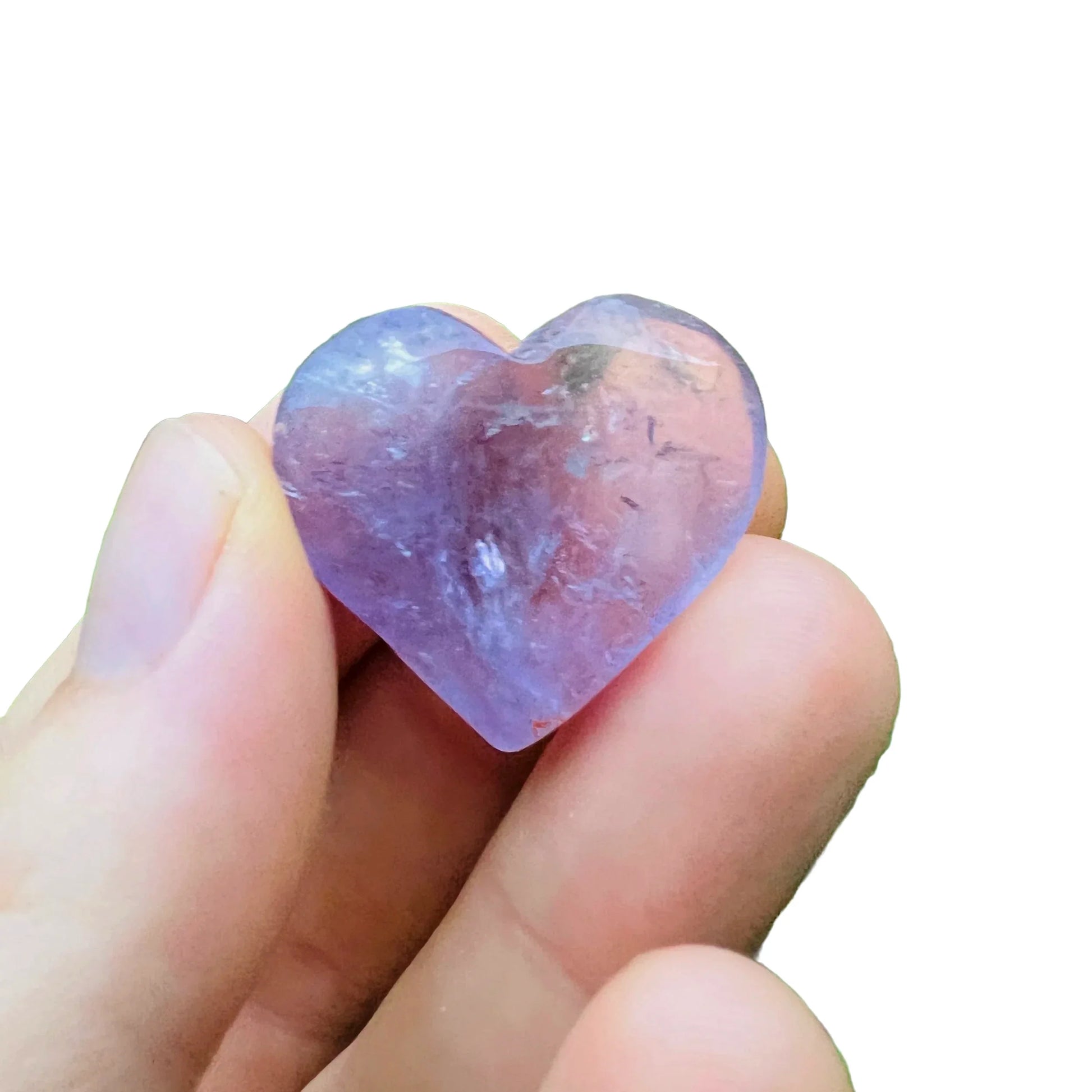 Side-on view of Amethyst polished heart, showing characteristic color, from Brazil.