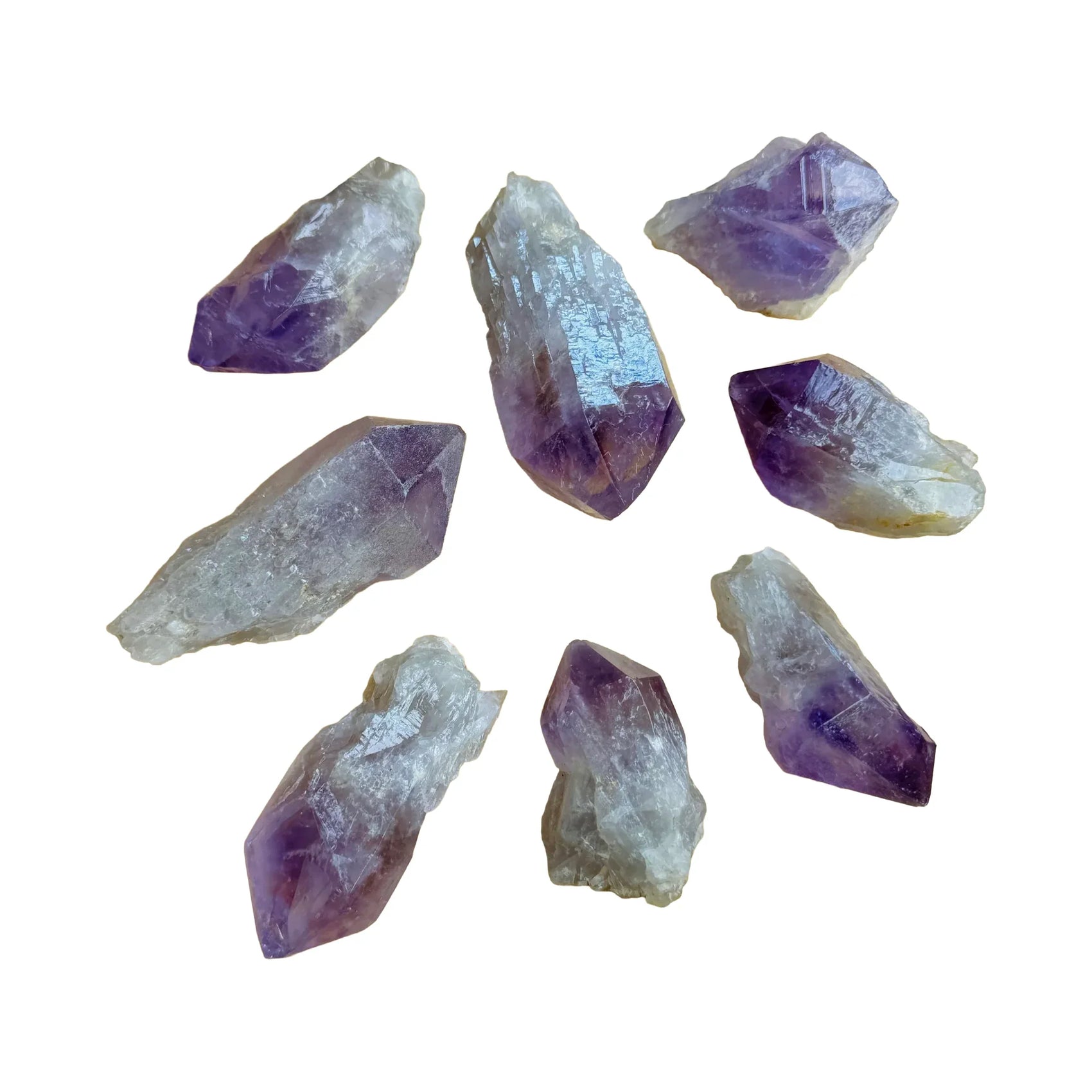 Macro view of Amethyst raw point, hand-selected from Southern Province, Zambia, showing natural inclusions.
