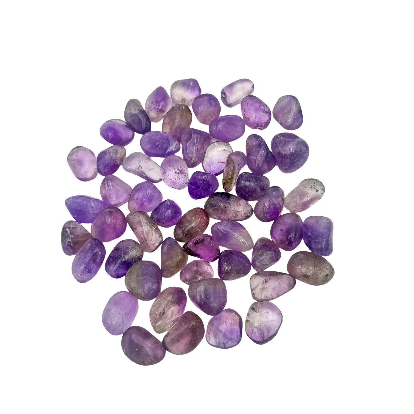 Full scatter of small Amethyst tumbled stones, A grade, 0.75 to 1.25 inch, from Rio Grande do Sul, Brazil