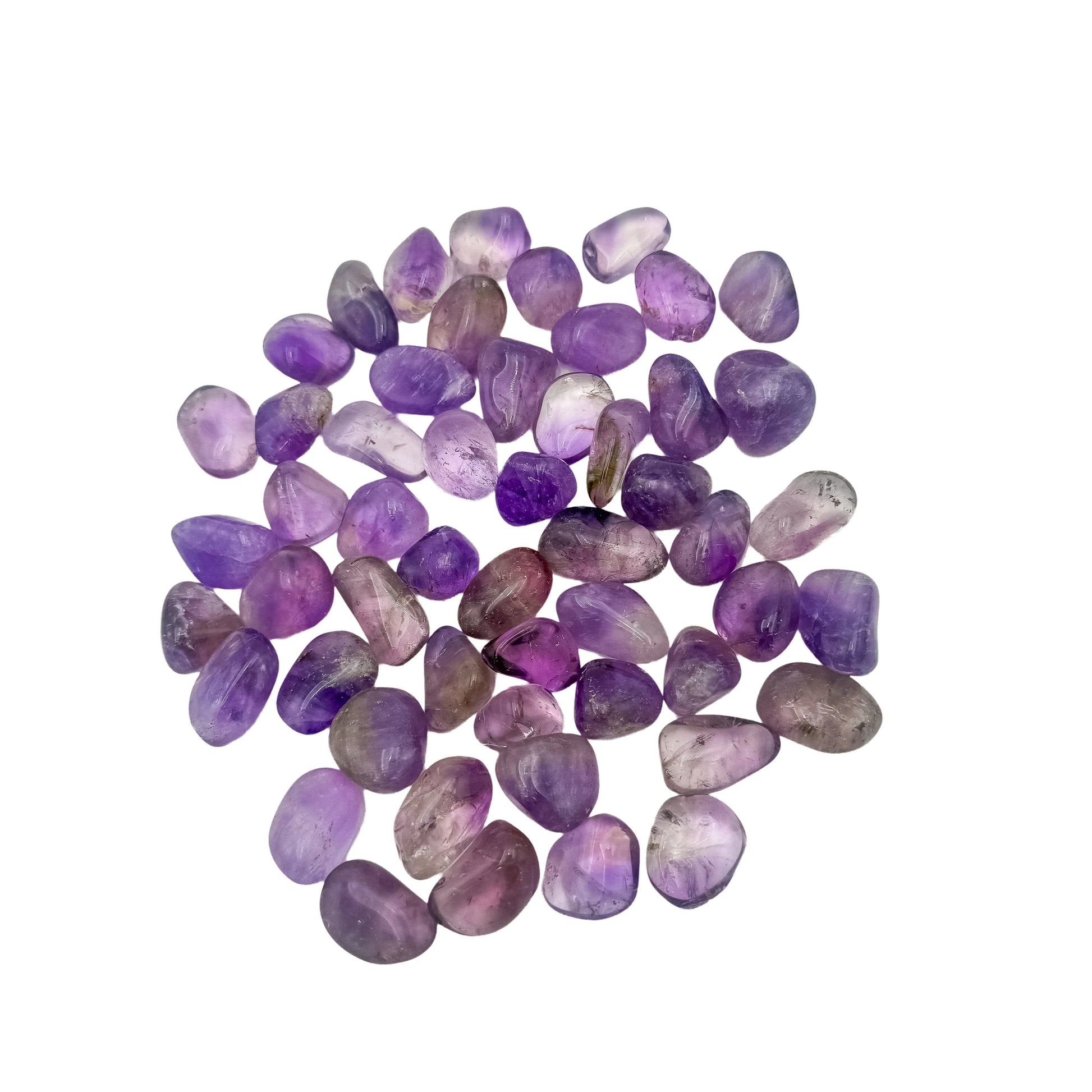Full scatter of small Amethyst tumbled stones, A grade, 0.75 to 1.25 inch, from Rio Grande do Sul, Brazil