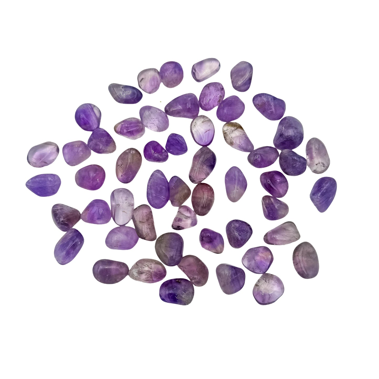 Overhead flat-lay of Amethyst tumbled stones, 40 to 64 pieces a pound