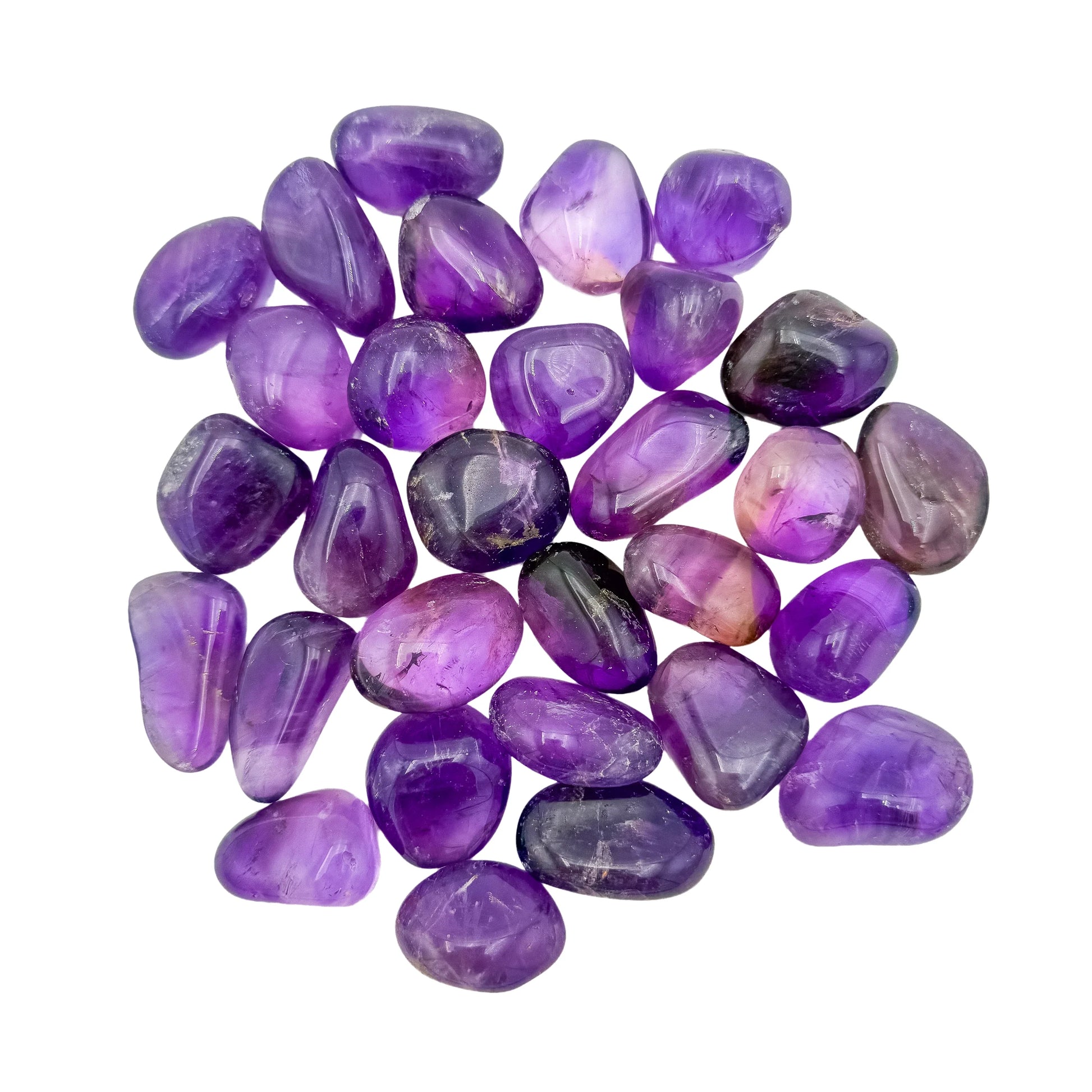 Full scatter of Ametrine tumbled stones, AAA grade, 1 to 1.5 inch, from Angel Sandoval Province, Bolivia