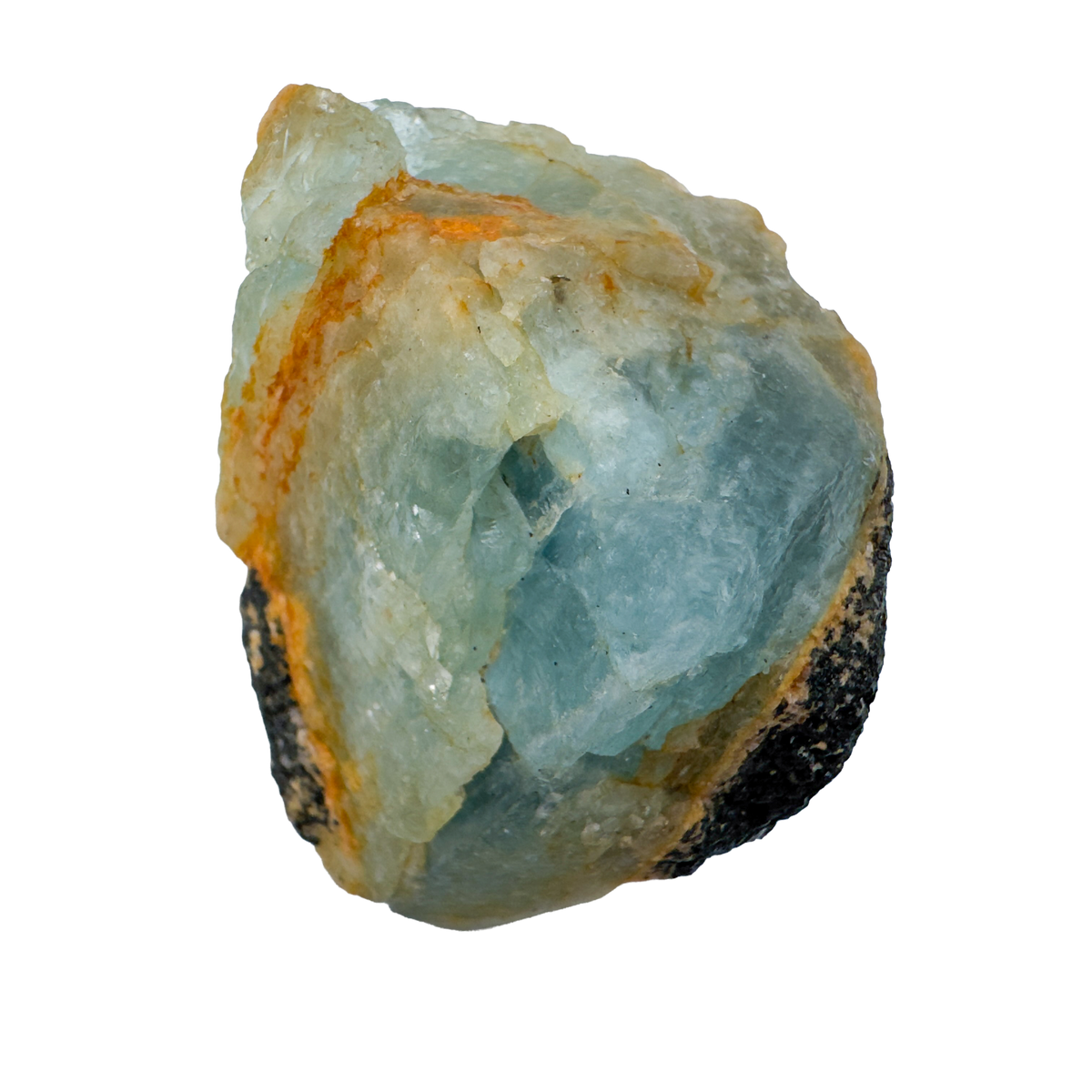 Close detail of A Grade Aquamarine raw crystal with Black Tourmaline from Namibia