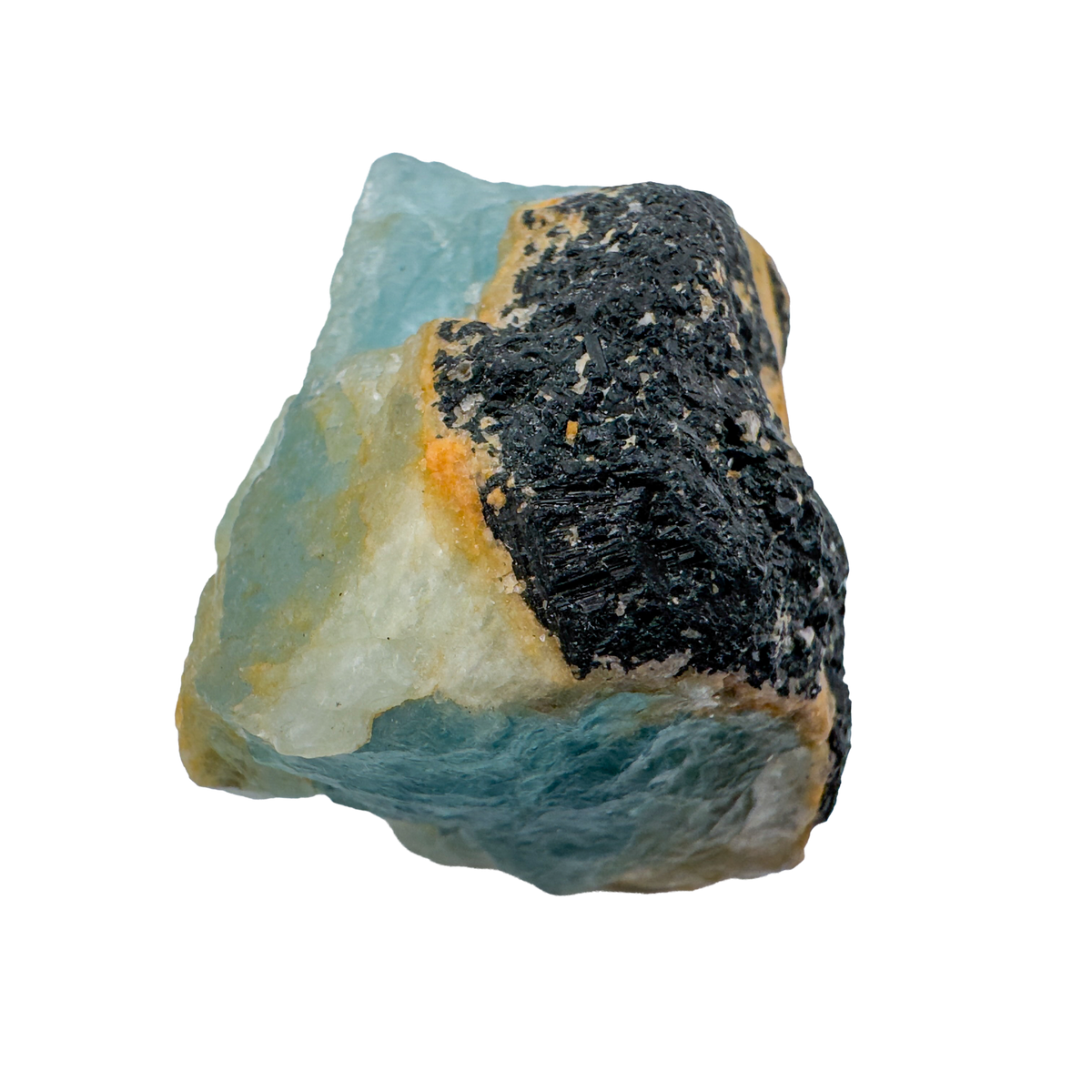 Detail view of A Grade Aquamarine raw crystal with Black Tourmaline from Namibia